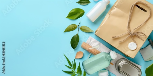 Various eco-friendly products with sustainable packaging displayed on a light blue background. Items include bottles, a reusable bag, and natural elements representing green living. photo