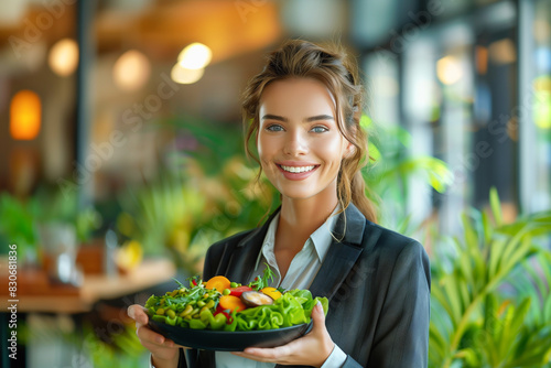 Beautiful businesswoman wearing a business suit, smiling and in a good mood, holding and showing a mixed salad plate, concept of eating healthy food
