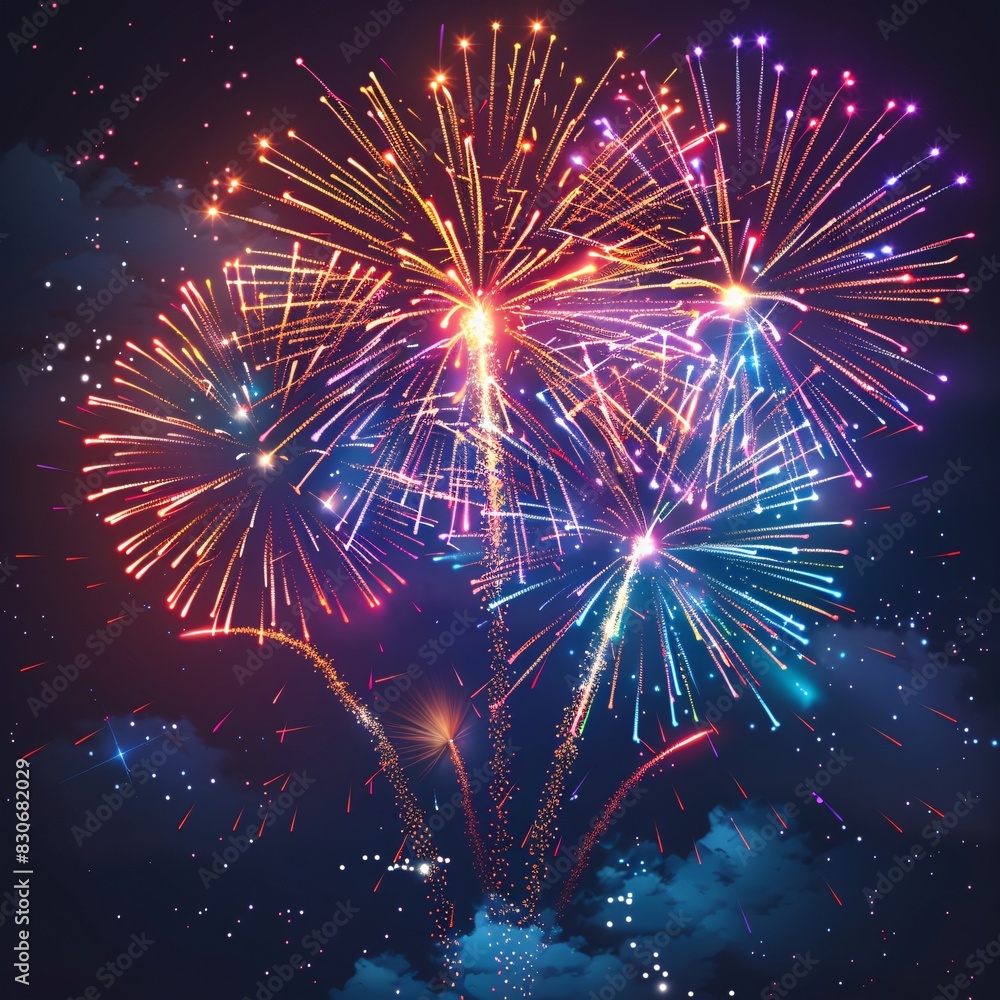 Fototapeta premium Vibrant Night Sky with Multicolored Fireworks Illuminating the Darkness