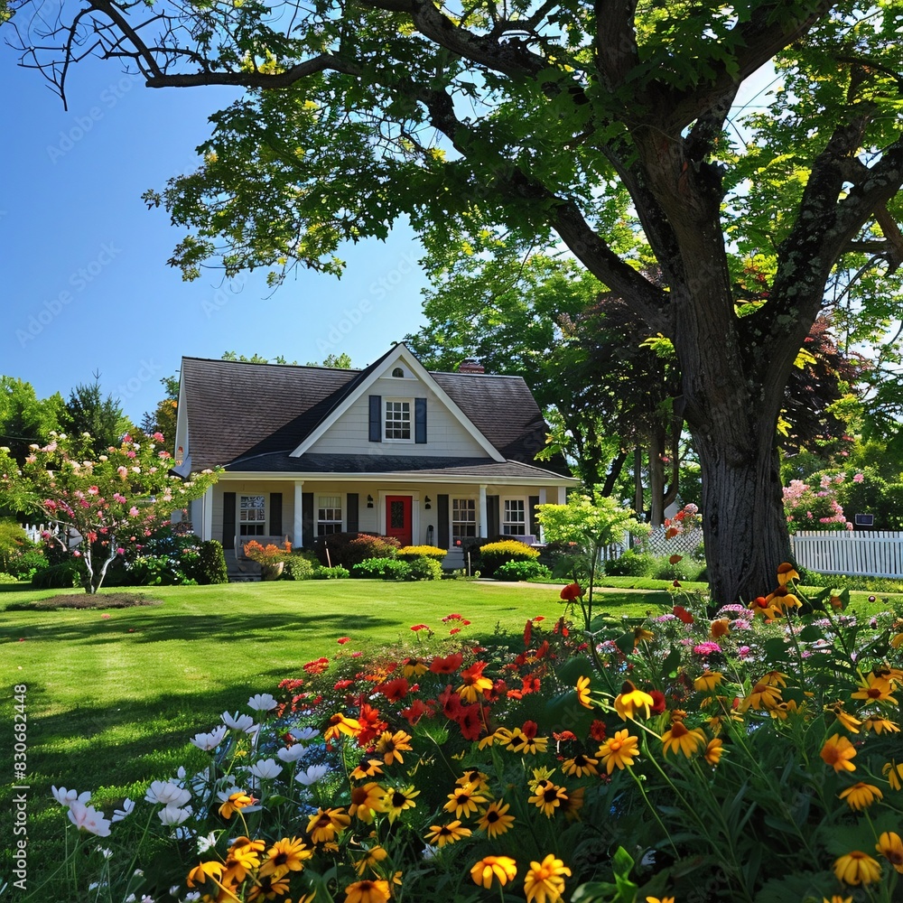 Rural Home Surrounded by a Colorful Garden and Flowering Tree