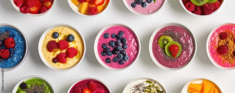 Various smoothie bowls with vibrant fruits and colorful toppings arranged on a white backgrou Various smoothie bowls with vibrant fruits and colorful toppings arranged on a white backgrou