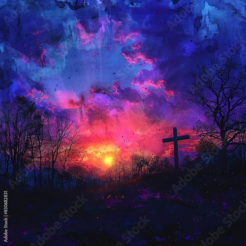 Starry Night Sky with Cross Silhouette and Sunset