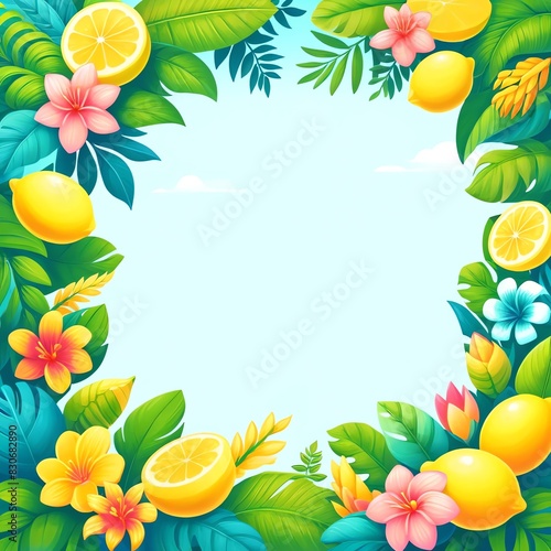 A vibrant and colorful border illustration with lemons, lush green leaves and tropical flowers