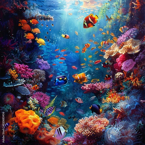 Vibrant Underwater Spectacle  A School of Clownfish and a Rainbow Coral Reef in Depth