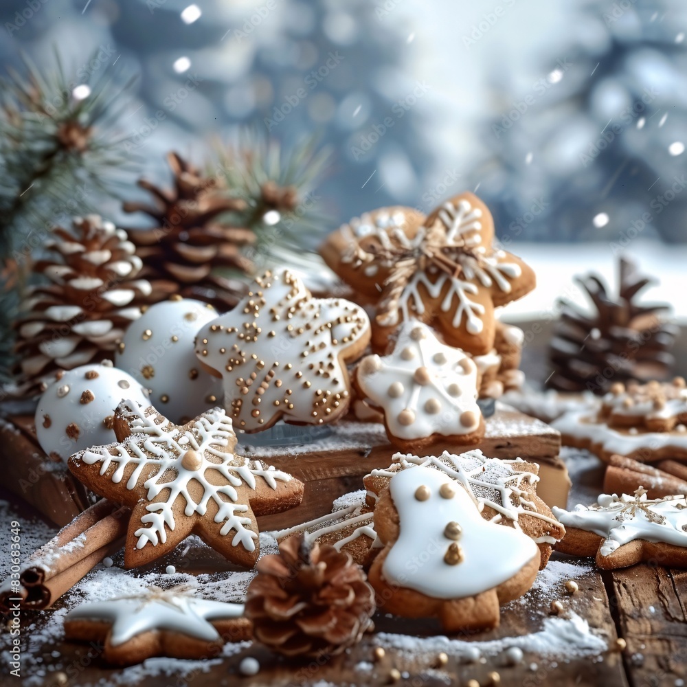 Christmas Cookie Collection with Festive Snowflake Background Christmas Cookie Collection with Festive Snowflake Background