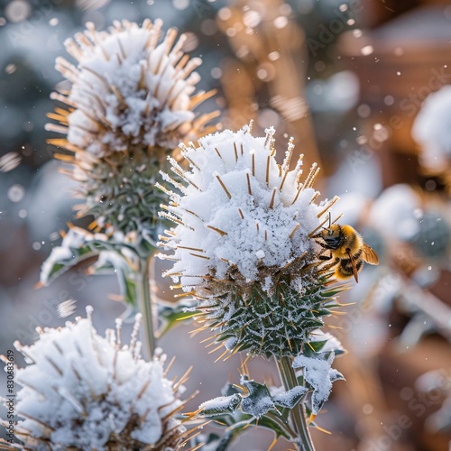 Winter s Bounty  A Honeybee Amidst Snow-Dusted Artemisia
