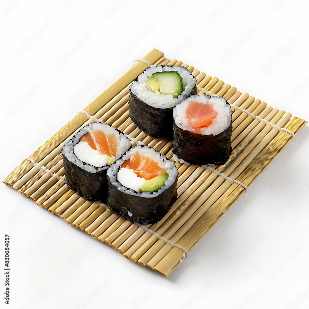 Fresh sushi on a bamboo mat against a white background Fresh sushi on a bamboo mat against a white background