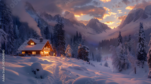 A photo featuring an alpine chalet with smoke rising from the chimney, nestled in deep snow captured from above. Highlighting the cozy, inviting atmosphere and warm glow from the windows, while surrou