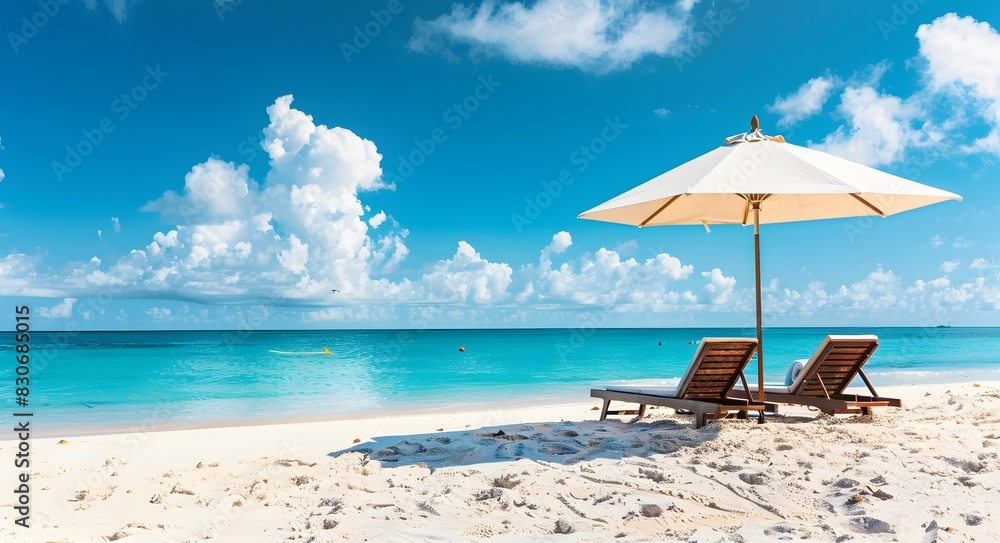 Tropical Beach with Sunbeds and Umbrella in the Caribbean Tropical Beach with Sunbeds and Umbrella in the Caribbean