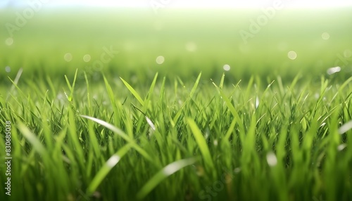 Beautiful natural background of young juicy green grass in bright summer spring morning sunlight.