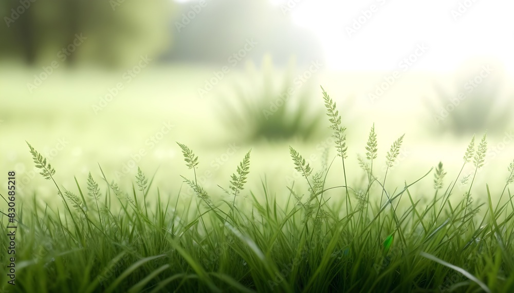 Beautiful natural background of young juicy green grass in bright summer spring morning sunlight.