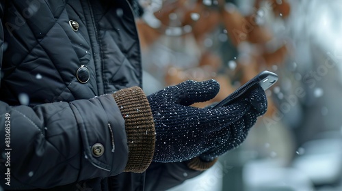 A man wearing a black jacket and gloves is using his phone in the snow