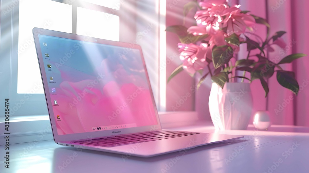 A pink laptop sits on a table in front of a vase of pink flowers A pink laptop sits on a table in front of a vase of pink flowers