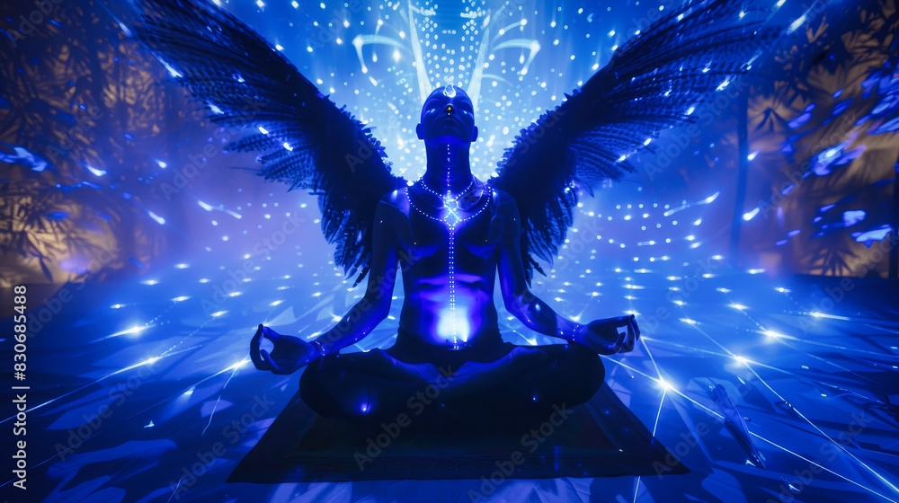 A meditating being with wings and a chakra system glowing