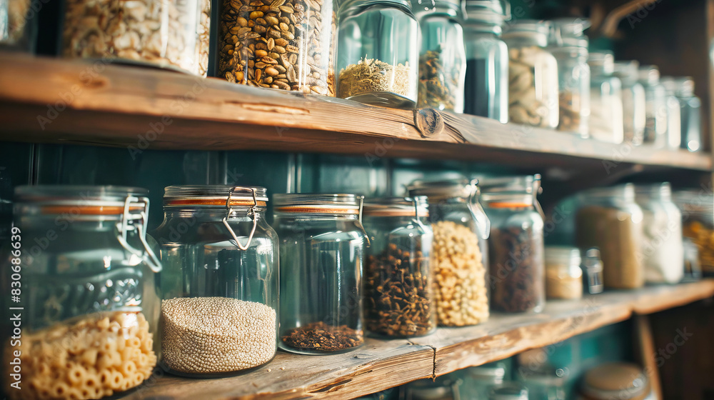 Glass jars and bottles on shelves, containing natural organic food ingredients Glass jars and bottles on shelves, containing natural organic food ingredients