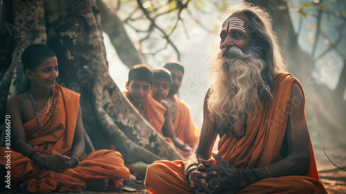 An Indian old sadhu sitting under a tree with a group of disciples