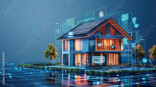 futuristic generic smart home with solar panels rooftop system for graphs features, copy space dark blue background.