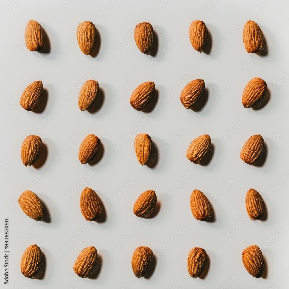 a precise analog photograph of almonds, white background, studio light --chaos 26 --ar 1:1 --style raw --stylize 50 Job ID: 6c0f9793-9051-4e75-8ea9-7786cfe55cdc