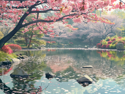 Serene Japanese garden filled with blooming cherry blossoms under a bright blue sky.