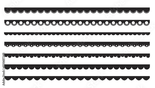 Scalloped edge border frilly stroke divider black silhouette stripe, tape collection isolated on white background. Traditional simple ornament with circles, embroidery ribbon.