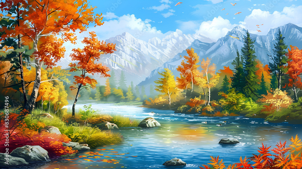 Obraz premium Colorful autumn landscape with mountain lake and forest,Blue river landscape with colorful trees and beautiful mountains,Autumn landscape in watercolor, gold leaves in abundance