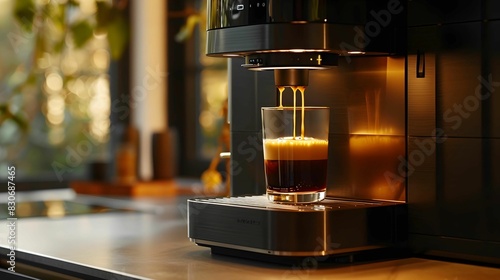 fully automatic espresso machine brews rich coffee in glass, showcasing warm kitchen ambiance. golden liquid flows beautifully, creating cozy atmosphere