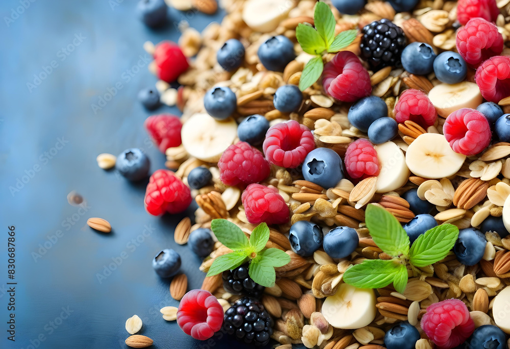A border made of muesli and mixed berries, with a bowl of muesli and berries in the center A border made of muesli and mixed berries, with a bowl of muesli and berries in the center