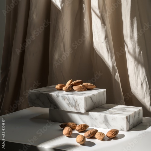 a precise analog photograph of almonds, white background, studio light --chaos 26 --ar 1:1 --style raw --stylize 50 Job ID: 9f7fc4f0-3a46-4d26-b2b3-05311cfb46bc