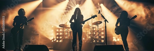 A rock band is performing on stage. The lead singer is a woman with long hair and she is playing the guitar.
