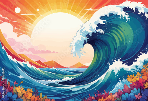 a painting of a large wave in the ocean