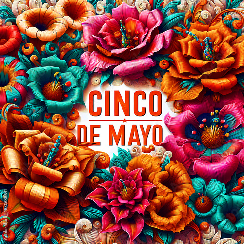 Cinco de Mayo orange text centered amond vibrant colorful flowers photo