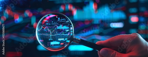 A magnifying glass held in a hand is used to examine a complex financial graph in this image.