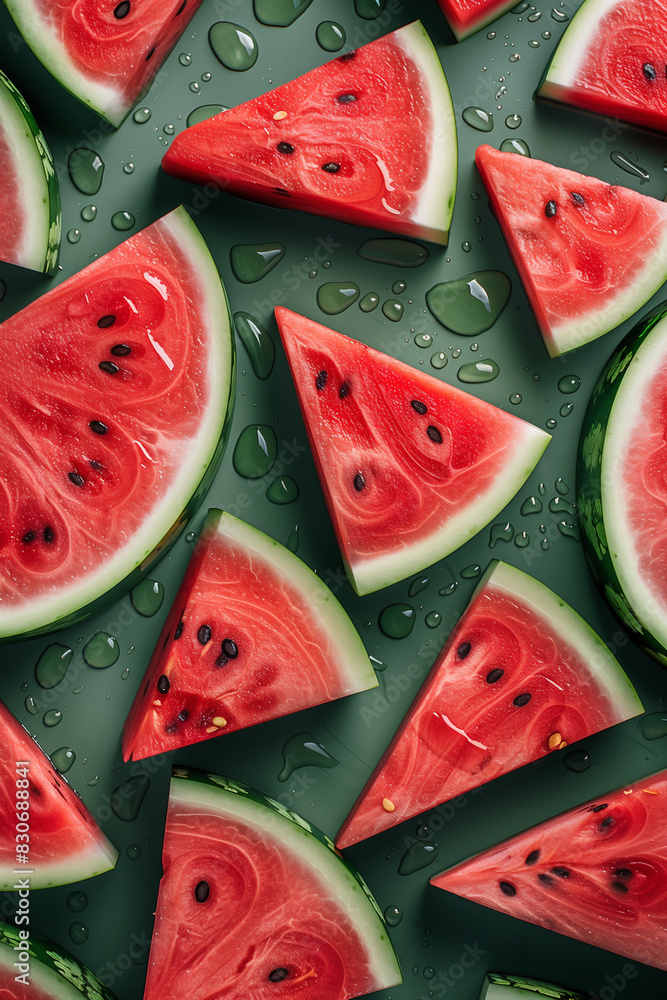 Fresh watermelons fruit arranged in a beautiful pattern on a green background. Fresh watermelons fruit arranged in a beautiful pattern on a green background.