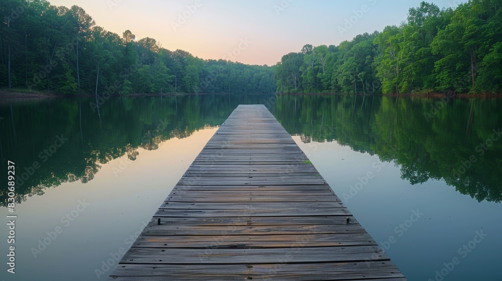 Obraz premium A wooden dock extending into a calm lake with no boats.