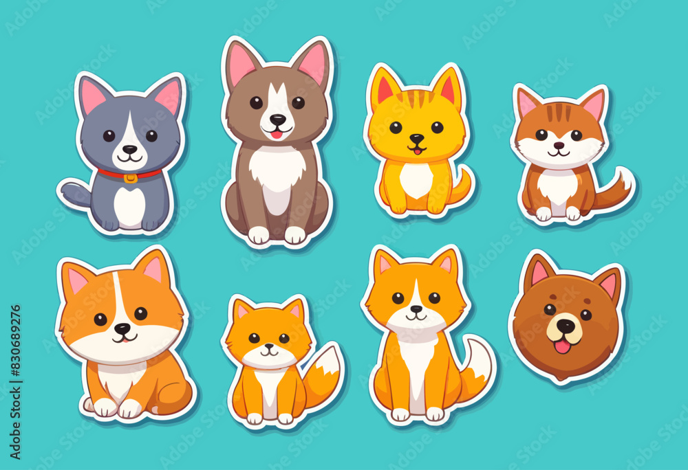 a set of six stickers of different types of cats