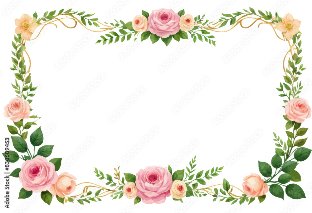 a floral frame with pink roses and green leaves