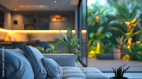 A modern living room with a large glass window looking out onto a lush garden