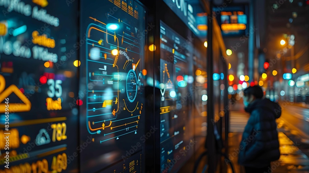 A person walking in a city at night with a large digital billboard in the background A person walking in a city at night with a large digital billboard in the background