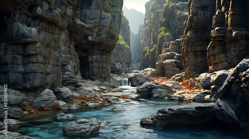 A Water Stream Flowing Through a Rocky Canyon