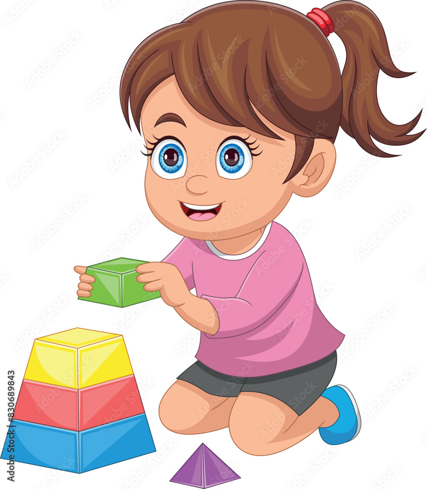 Cartoon little girl playing with building blocks Cartoon little girl playing with building blocks