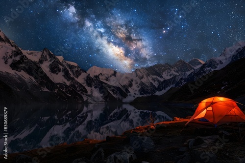 Camping Tent Under Starry Himalayas with Milky Way Reflection