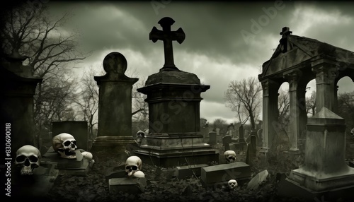 A gloomy and atmospheric digital art piece showing a desolate cemetery filled with skulls, crosses, and decrepit tombs under a cloudy sky.. AI Generation