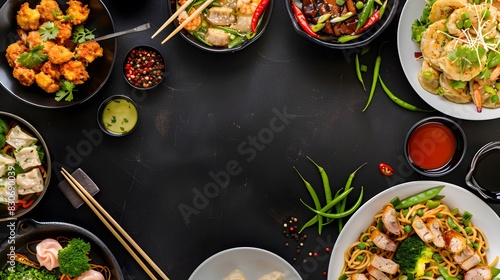 Top view of Chinese food table with Asian dishes on black background