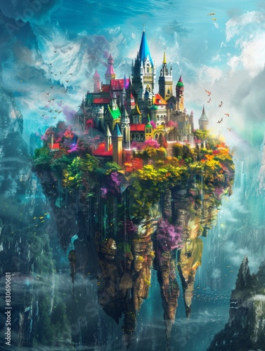 The floating island is decorated with colorful castles and inhabited by magical creatures.