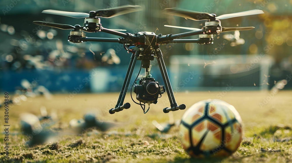 professional drone with camera hovers above soccer field, capturing action. scene is dynamic, showcasing excitement of game and technology involved professional drone with camera hovers above soccer field, capturing action. scene is dynamic, showcasing excitement of game and technology involved
