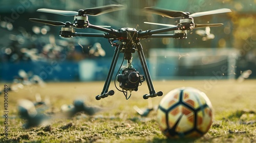 The professional drone with_
 camera hovers above the soccer field