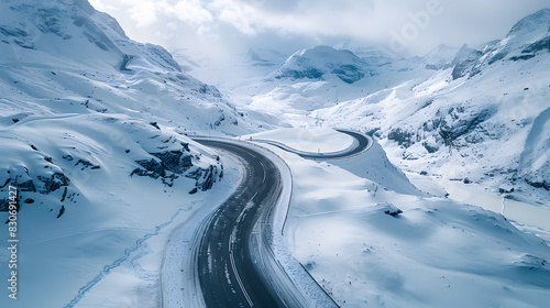 A photo featuring a dramatic mountain pass covered in snow, captured from a drone's perspective. Highlighting the winding roads and sheer cliffs, while surrounded by a majestic, frozen landscape