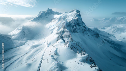 A photo featuring a dramatic mountain pass covered in snow, captured from a drone's perspective. Highlighting the winding roads and sheer cliffs, while surrounded by a majestic, frozen landscape