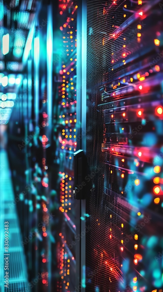 Close-up shot of a data server rack with colorful LED lights, depicting modern technology and data center infrastructure.