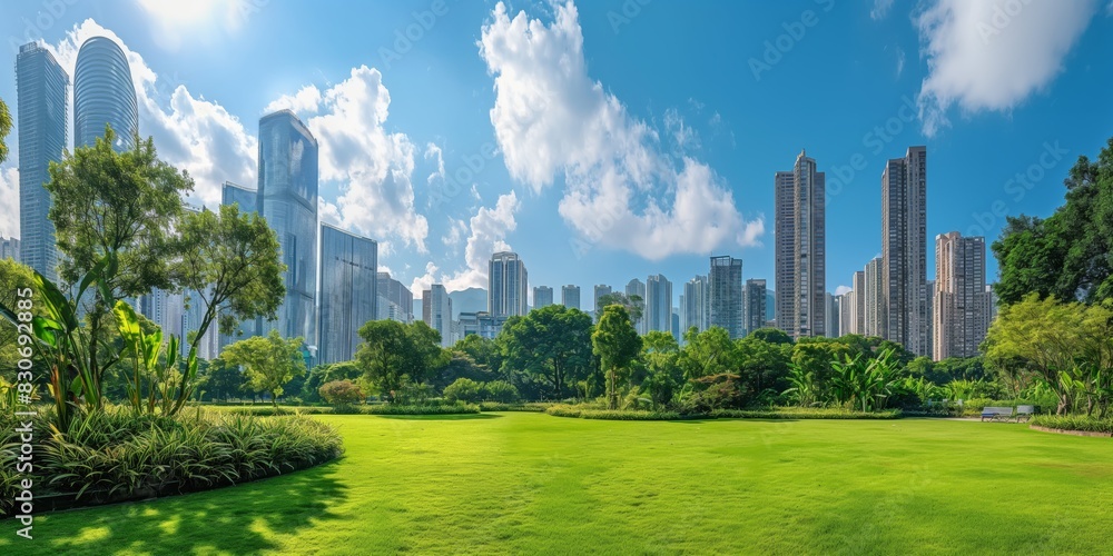 Obraz premium A beautiful view of an urban skyline featuring tall buildings and a green park with diverse plant life, all under bright blue skies on a sunny day.